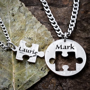 Puzzle Piece Couples Necklaces, Personalized Names, Hand Cut Coin