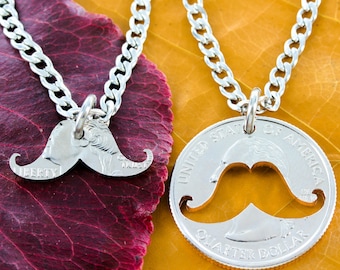Mustache BFF Necklaces, Best Friends Gifts, Inside and Outside Relationship Necklace, Hand Cut Coin