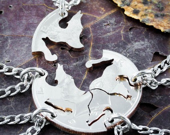 Wolf Pack Coin Necklace, Best Friends Jewelry, Hand Cut BFF Gift