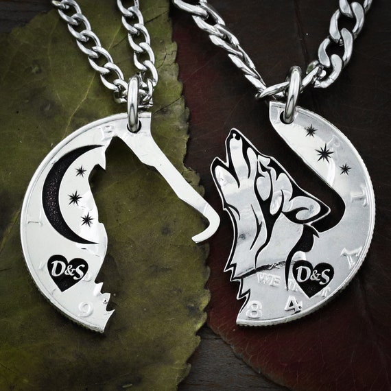 Wolf and Moon Couples Necklaces With Initials in Heart Relationship or Best Friends Jewelry Coin That Has Been Cut and Etched Etsy Australia