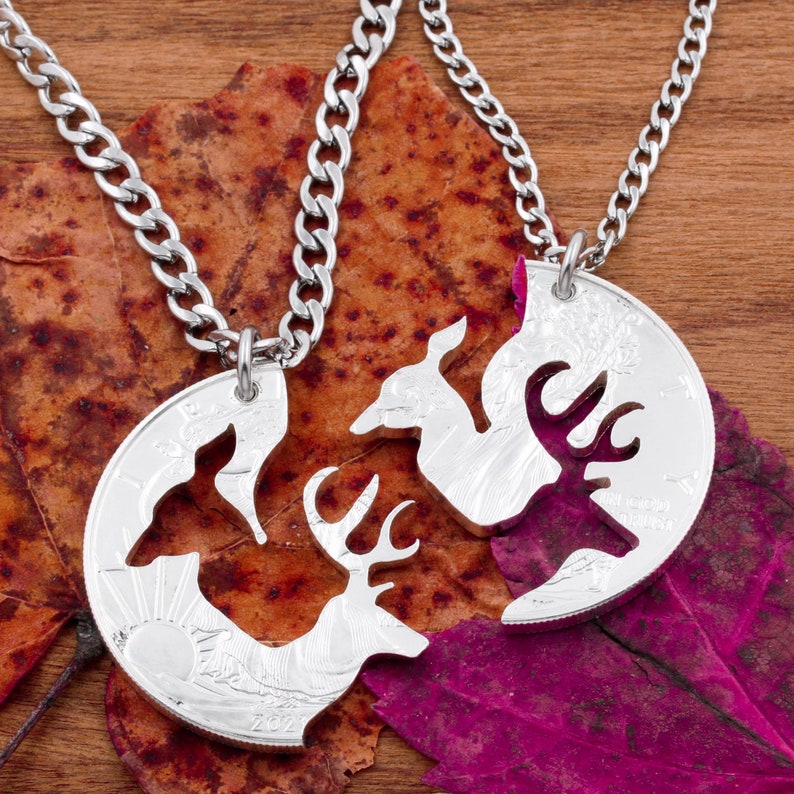Buck and Doe Necklace, Couples Necklaces, Interlocking Relationship Set, Hand Cut Coin image 4
