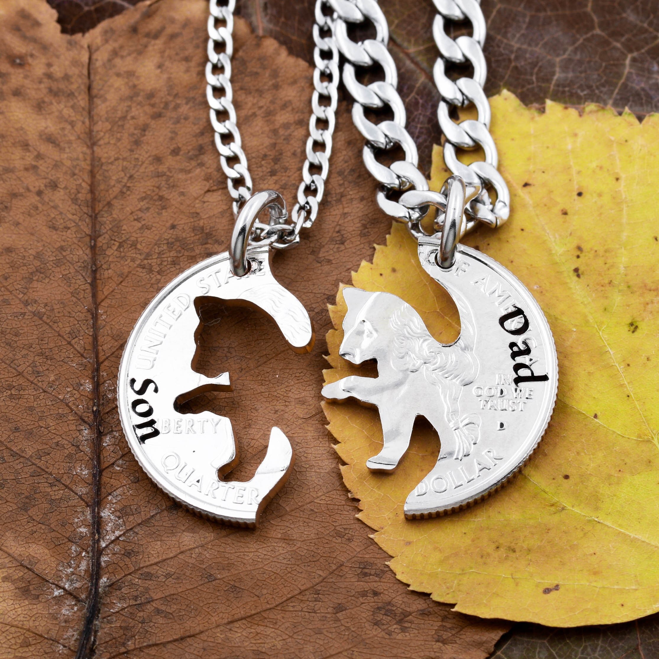 Interlocking Lion Cub Necklace Set, Custom Engraving Available, Baby Animal Jewelry, Fathers and Kids Gifts, Hand Cut Coin