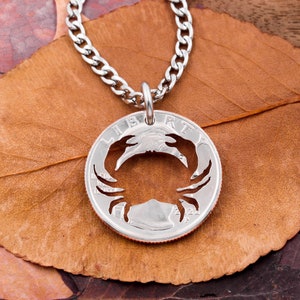 Crab Necklace, Ocean Beach Jewelry, Silhouette Sea Creature, Hand Cut Coin