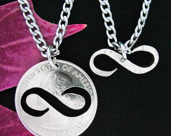 Infinity Necklace, Couples Jewelry or Best Friend, BFF Gifts, Special Quarter, Hand Cut Coin