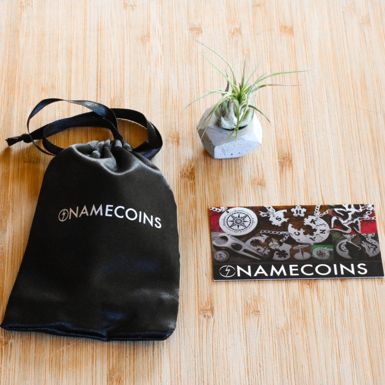 Puede incluir: Una bolsa de terciopelo negro con el texto "Namecoins" impreso en blanco. La bolsa est&aacute; sobre una superficie de madera junto a una peque&ntilde;a maceta de hormig&oacute;n con una planta de aire verde. Una tarjeta blanca con el texto "Namecoins" y una variedad de dijes plateados tambi&eacute;n est&aacute; sobre la superficie.