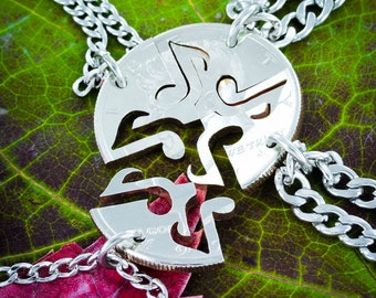 4 Best Friends Necklaces, Music Note Interlock Like A Puzzle, BFF Gifts, Hand Cut Coin