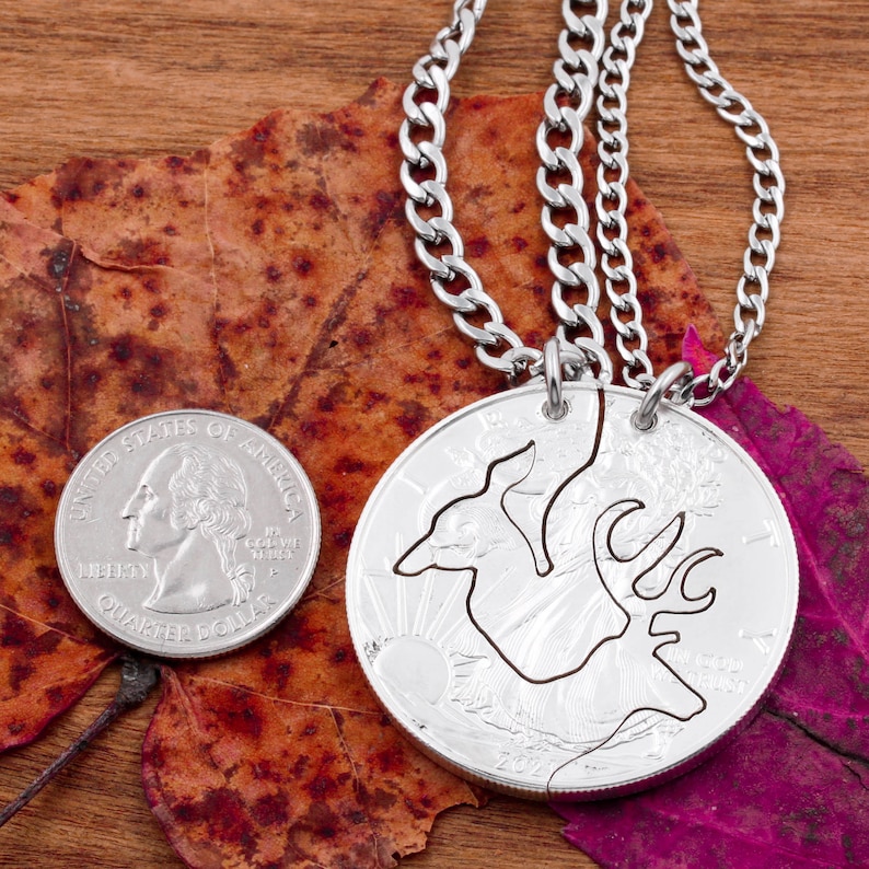 Buck and Doe Necklace, Couples Necklaces, Interlocking Relationship Set, Hand Cut Coin Silver Eagle