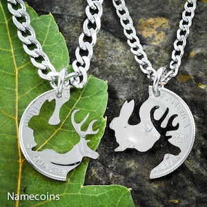 His Bunny and Her Buck Couples Necklaces, Deer and Rabbit, BFF or Couples Gifts, Interlocking Like A Puzzle, Hand Cut Coin