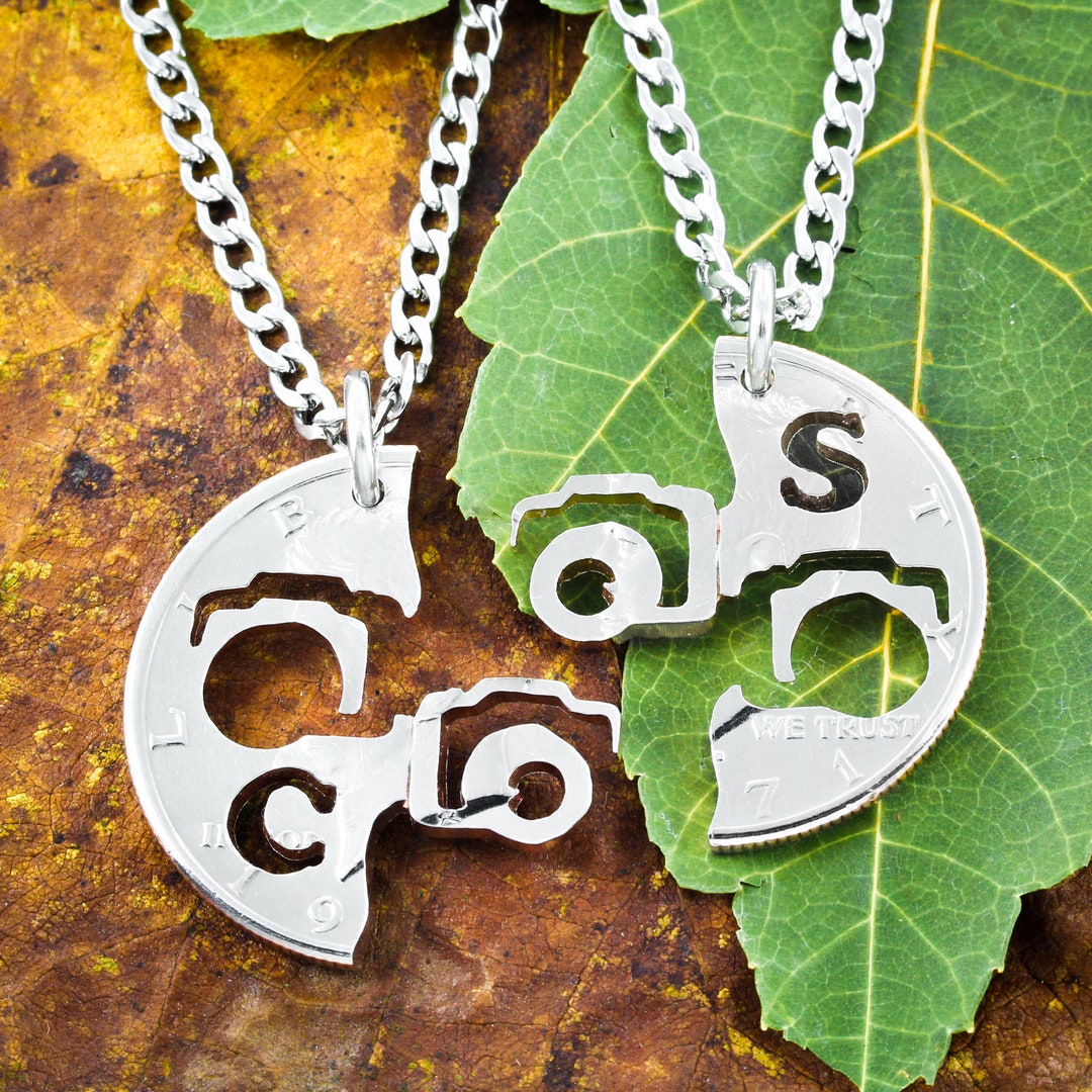 Hand Cut Coin Camera Lens Necklace Set: Personalized Initial BFF Gift ...