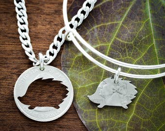 Hedgehog BFF Bracelet and Necklace, Best Friends Gift, Hand Cut Coin