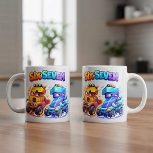 May include: Two white ceramic mugs with the words "Six Seven" in colorful text. Each mug features a cartoon illustration of the numbers six and seven as vehicles, in orange, yellow, blue, and purple.