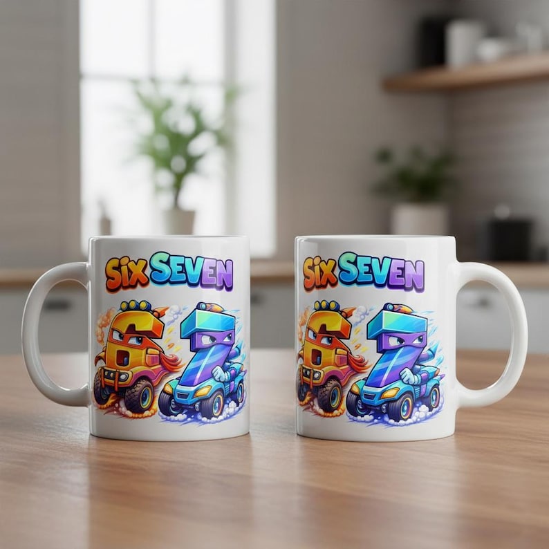 May include: Two white ceramic mugs with the words "Six Seven" in colorful text. Each mug features a cartoon illustration of the numbers six and seven as vehicles, in orange, yellow, blue, and purple.