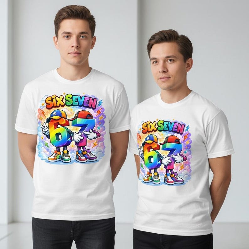 May include: White t-shirts with a colorful graphic featuring the numbers "6" and "7" as cartoon characters, wearing hats and sneakers. The text "Six Seven" is above the numbers.