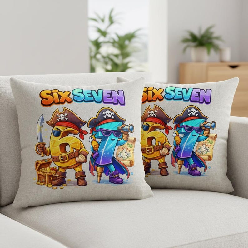 May include: Two decorative throw pillows with a pirate-themed design. The pillows feature the numbers six and seven dressed as pirates, with a treasure chest and a scroll. The text "Six Seven" is displayed above the numbers.