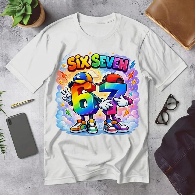 May include: White t-shirt featuring a colorful graphic of the numbers 6 and 7 as cartoon characters, with the text "Six Seven" above. The numbers are wearing hats and sneakers, set against a background of clouds and lightning bolts.