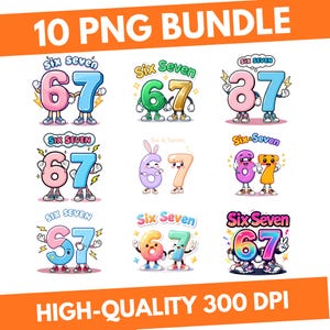 Six Seven Clipart Bundle | Cartoon Number 67 PNG Files (Digital Download)