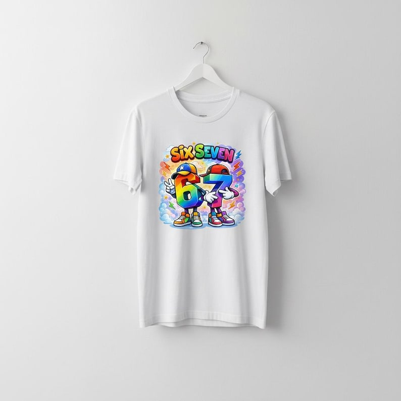 May include: White t-shirt featuring a colorful graphic of the numbers six and seven as cartoon characters. The numbers are wearing hats and shoes, with the text "SIX SEVEN" above them in rainbow colors.