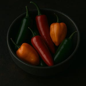May include: A dark gray bowl filled with a variety of chili peppers. The peppers are red, orange, and green, with a dark background. The peppers are of different shapes and sizes.