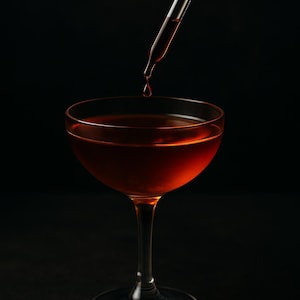 Puede incluir: Una copa de cóctel llena de un líquido marrón rojizo, con un cuentagotas que dispensa una sola gota del mismo líquido. La copa se asienta sobre una base transparente y el fondo es negro liso.