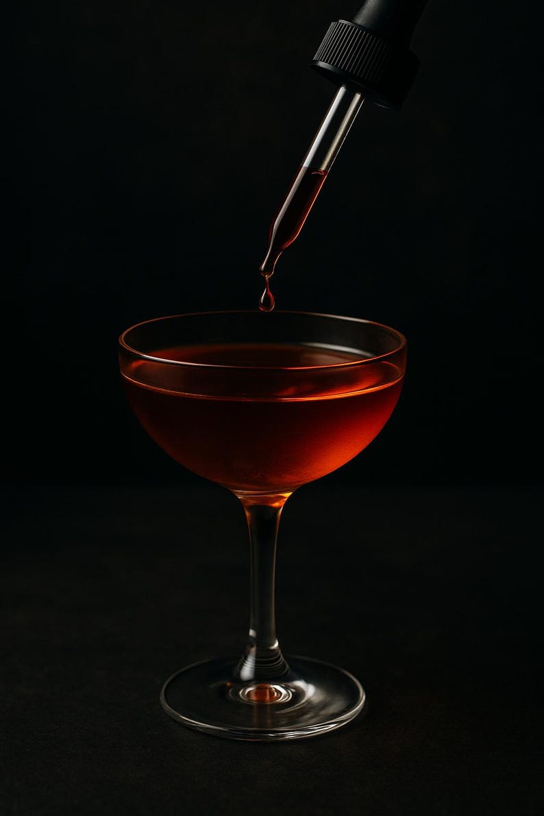 K&ouml;nnte beinhalten: Ein Cocktailglas gef&uuml;llt mit einer rotbraunen Fl&uuml;ssigkeit, mit einer Pipette, die einen einzelnen Tropfen derselben Fl&uuml;ssigkeit abgibt. Das Glas steht auf einem klaren Sockel, und der Hintergrund ist einfarbig schwarz.