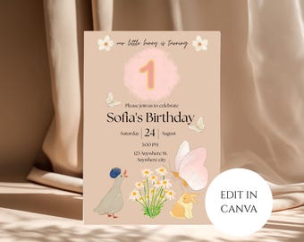 May include: A birthday invitation with a soft pink and beige color scheme. The invitation features the text "Sofia's Birthday" and the number "1". Decorative elements include butterflies, flowers, and a goose.