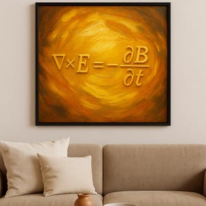 May include: A framed artwork featuring a swirling, textured background in shades of gold and orange. The artwork displays a mathematical equation in a gold color. The equation is "∇ × E = - ∂B/∂t". The frame is black.