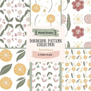Boho Dandelion Seamless Pattern Bundle | 6 Floral Digital Papers | Neutral Beige & Sage PNG Patterns | Printable Scrapbook Paper | Canva