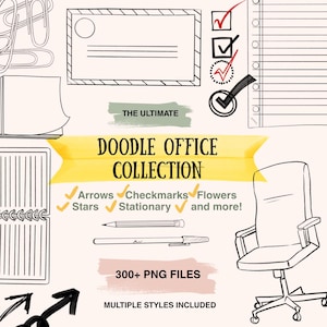 Könnte beinhalten: Eine digitale Sammlung von schwarz-weißen Büro-Doodles als Strichzeichnungen, darunter Büroklammern, ein Notizblock, Häkchen, ein Spiralblock, ein Bleistift, ein Stift und ein Bürostuhl. Der Text lautet: THE ULTIMATE DOODLE OFFICE COLLECTION, 300+ PNG FILES.