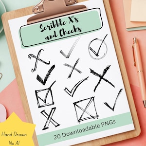 May include: A wooden clipboard holding a white sheet with black hand-drawn check marks and X symbols. The top green banner reads Scribble X's and Checks, while the bottom green banner reads 20 Downloadable PNGs. A yellow star sticker says Hand Drawn No AI.