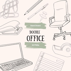 Op de afbeelding: Een verzameling kantoorbenodigdheden in zwart-wit lijntekeningen, waaronder paperclips, een potlood, een pen, een punaises, een nietmachine, een bureaustoel, een laptop, een tapehouder en gelinieerd papier. De tekst luidt Hand Drawn DOODLE OFFICE 30 PNGs.
