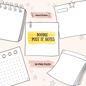 May include: A collection of hand-drawn digital stationery elements including a spiral-bound notepad, a square sticky note with a yellow highlight, a blank note with a star clip, a dotted grid sheet, and a stack of paper, featuring the text DOODLE POST IT NOTES.