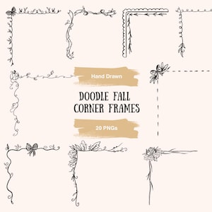 May include: A collection of black and white hand-drawn corner frames featuring botanical and seasonal motifs. The image includes text that reads Hand Drawn DOODLE FALL CORNER FRAMES 20 PNGs. These decorative elements are arranged in a grid layout.
