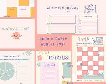 TDAH Planner Bundle 2026 Numérique Quotidien Hebdomadaire Budget Mensuel Neurodivergent Pastel Téléchargement Instantané
