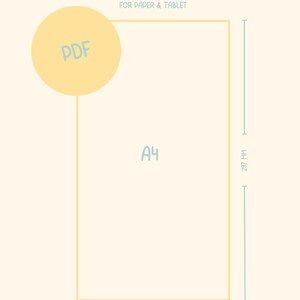 Peut inclure: Graphique beige clair avec le mot "Size" en rose et "FOR PAPER & TABLET" en noir. Un cercle jaune avec "PDF" en bleu est reli&eacute; &agrave; un rectangle &eacute;tiquet&eacute; "A4". Les dimensions du rectangle sont de 210 mm x 297 mm.