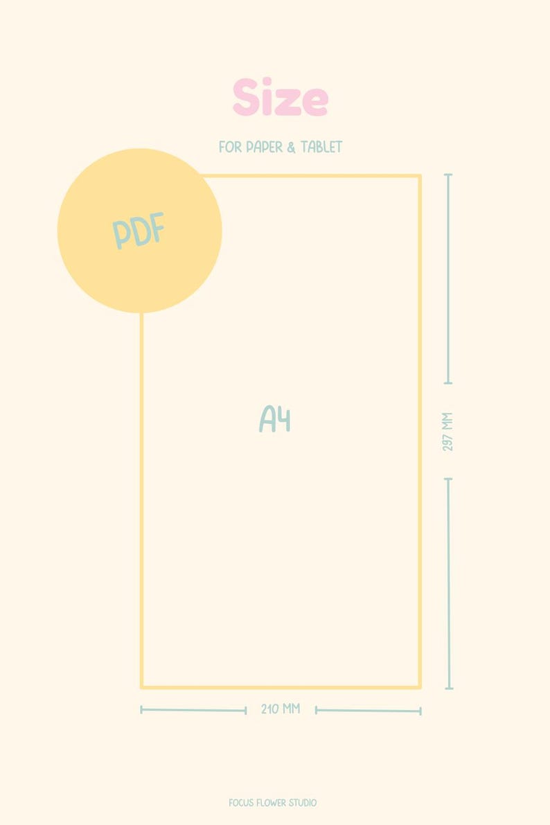 Peut inclure: Graphique beige clair avec le mot "Size" en rose et "FOR PAPER & TABLET" en noir. Un cercle jaune avec "PDF" en bleu est reli&eacute; &agrave; un rectangle &eacute;tiquet&eacute; "A4". Les dimensions du rectangle sont de 210 mm x 297 mm.