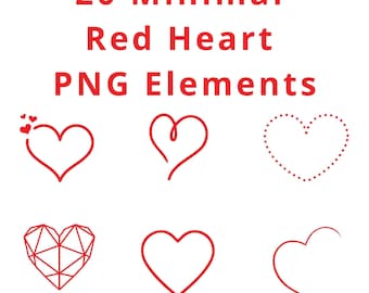 20 Minimal Red Heart PNG Elements | Valentine Heart Clipart | Hand Drawn Heart Icons | Transparent Background