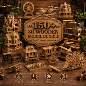 Pakiet ponad 150 modeli 3D z drewna w formacie SVG | Pliki wycinane laserowo dla CNC i Glowforge | Natychmiastowe pobranie