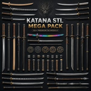 Peut inclure: Une collection de katanas et de composants, comprenant des lames, des manches et des éléments décoratifs. L'image présente une variété de modèles, avec une lame aux couleurs de l'arc-en-ciel et le texte "KATANA STL MEGA PACK" et "30+ PREMIUM 3D MODELS".