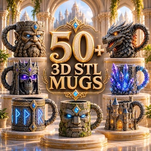 50+ Fantasy Mug STL Bundle – Skull, Orc, Lich, Golem 3D Print Files (Digital Download)