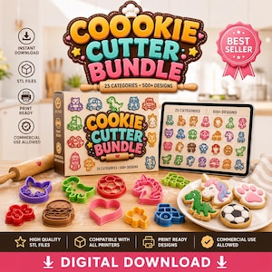 May include: A digital download bundle of cookie cutters. The image shows a box and a tablet displaying various cookie cutter designs, along with several physical cookie cutters in different shapes and colors. The text reads "Cookie Cutter Bundle" and "Digital Download."