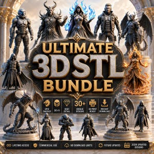 May include: An advertisement for an "ULTIMATE 3D STL BUNDLE" featuring various fantasy and sci-fi character designs. The image showcases detailed 3D models of warriors, demons, and mythical creatures, with text indicating 30+ unique designs and instant download.