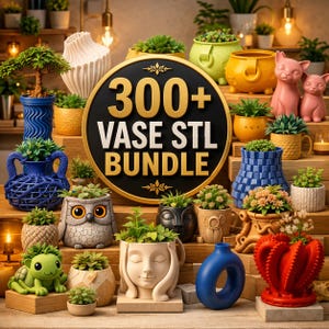 May include: A collection of various colorful vases and planters, some with plants, arranged on wooden steps. The image features a sign that reads "300+ VASE STL BUNDLE". The vases are in various shapes, including animal figures and geometric designs.