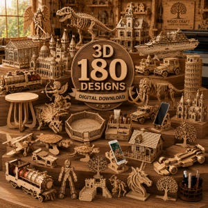 Può includere: Una collezione di modelli di puzzle 3D in legno tagliati al laser, tra cui uno scheletro di dinosauro, una nave da crociera, un treno, una testa di unicorno e varie strutture architettoniche. Un cartello circolare mostra 3D 180 DESIGNS DIGITAL DOWNLOAD.