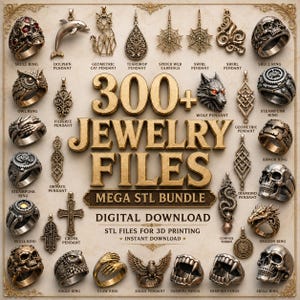 Puede incluir: Un conjunto de archivos de joyería para impresión 3D, con anillos, colgantes y pendientes con varios diseños. Los diseños incluyen calaveras, animales y formas geométricas. El texto de la imagen dice "300+ Jewelry Files Mega STL Bundle Digital Download".