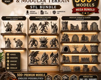 May include: A digital bundle of 500+ fantasy miniatures and modular terrain models for 3D printing. The collection includes heroes, adventurers, monsters, villains, and stone-textured scenery pieces displayed on shelves with text labels.