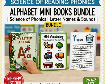 Alphabet Mini Bücher Bündel, Wissenschaft des Lesens Phonetik, Buchstaben Namen und Klänge, Homeschool Vorschule Kindergarten druckbar, A-Z No Prep