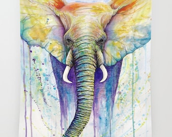 Wall Tapestry Elephant // Colorful, watercolor,painting,artwork,wall hanging,wildlife,animals,animal art,abstract,rainbow,bohemian,festivals