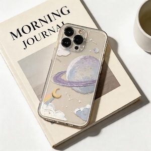 Coque pour iPhone Saturne, coque de téléphone céleste transparente avec nuages d'étoiles de lune, cadeau esthétique galaxie pastel pour elle