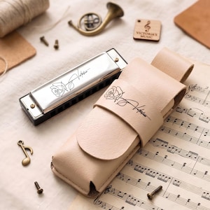 Armónica personalizada con estuche de cuero genuino, armónica de acero inoxidable grabada a medida, regalo para amantes de la música.