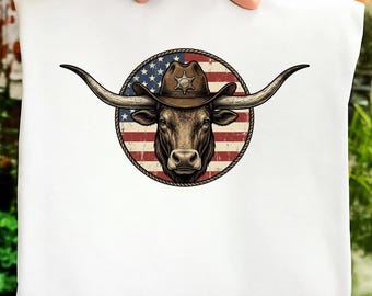 Patriotic Cowboy Bull American Flag Western Vintage PNG: USA Rodeo Ranch Pride png Retro Western Art (Digital Download)